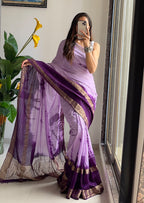 SELFI13 PRIMUM ASSAM SILK NECHRAL SOFT FANCY JACQUARD WITH SIKVANS BORDER DIMANDING WORK PURPLE SAREE