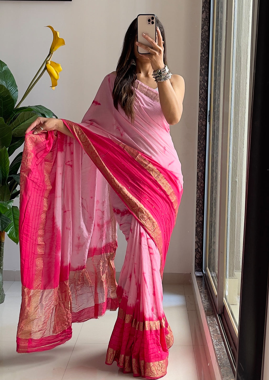 SELFI13 PRIMUM ASSAM SILK NECHRAL SOFT FANCY JACQUARD WITH SIKVANS BORDER DIMANDING WORK PINK SAREE