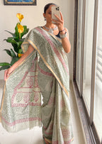 SELFI14 PRIMUM ORIGINAL LINEN WITH ZARI BODAR DARK GREEN SAREE