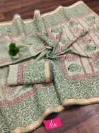 SELFI14 PRIMUM ORIGINAL LINEN WITH ZARI BODAR DARK GREEN SAREE