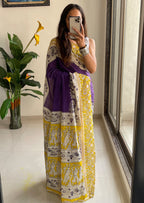 SELFI16 PURE MUL COTTON TRADITIONAL KALMKARI HAND BLOCK PRINT PURPLE SAREE
