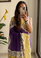 SELFI16 PURE MUL COTTON TRADITIONAL KALMKARI HAND BLOCK PRINT PURPLE SAREE