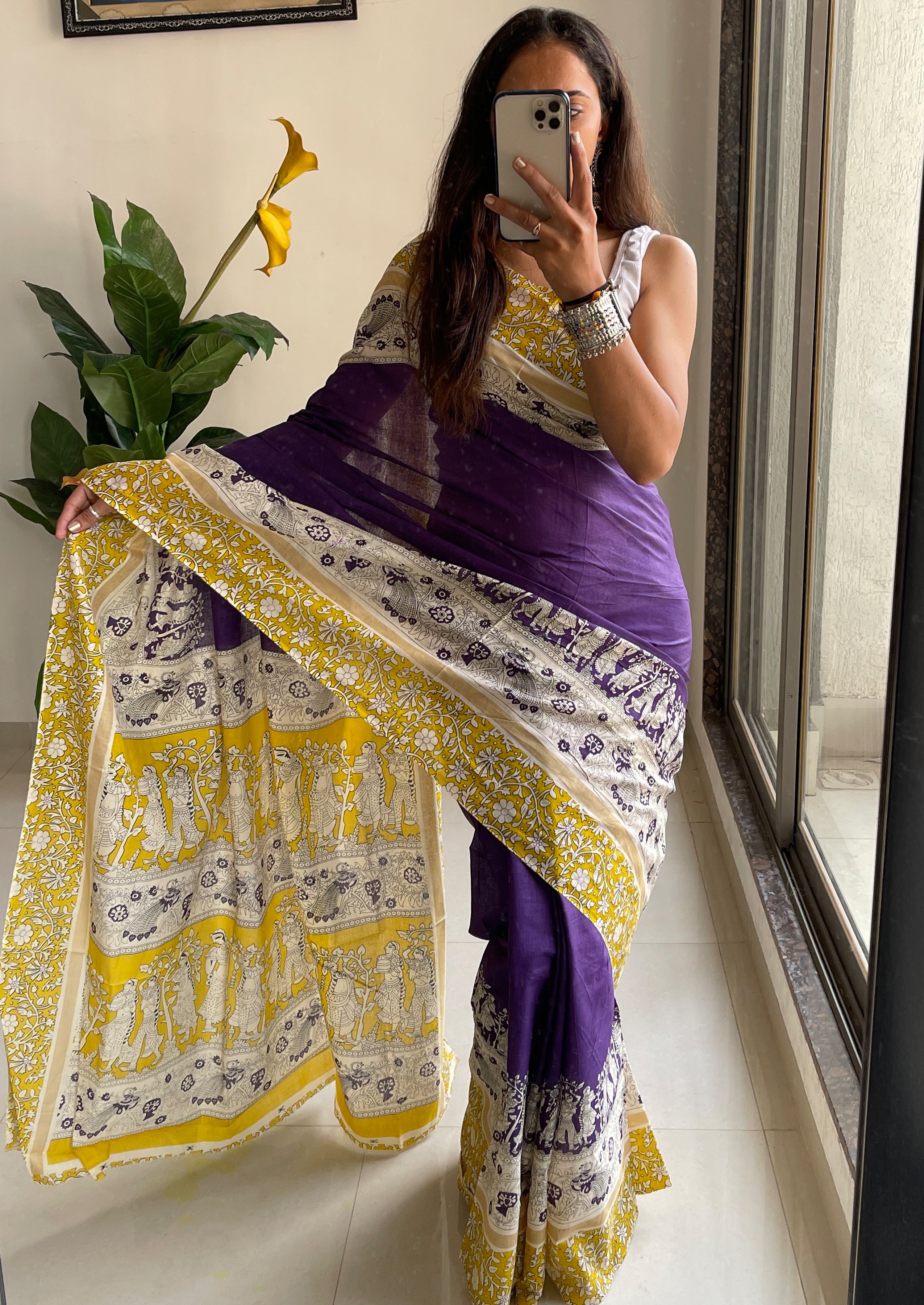 SELFI16 PURE MUL COTTON TRADITIONAL KALMKARI HAND BLOCK PRINT PURPLE SAREE