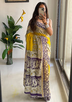 SELFI16 PURE MUL COTTON TRADITIONAL KALMKARI HAND BLOCK PRINT YELLOW SAREE