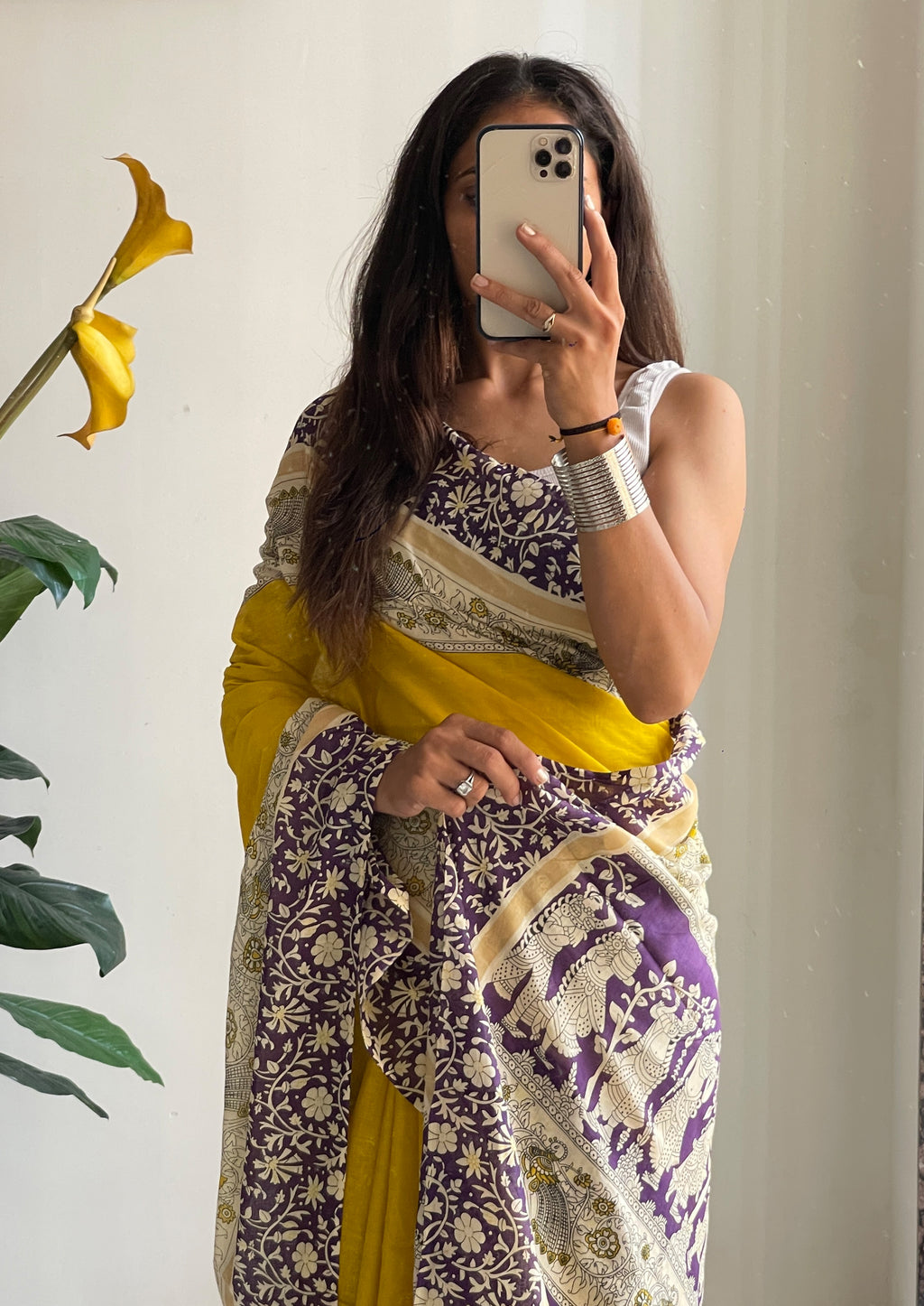 SELFI16 PURE MUL COTTON TRADITIONAL KALMKARI HAND BLOCK PRINT YELLOW SAREE