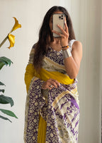 SELFI16 PURE MUL COTTON TRADITIONAL KALMKARI HAND BLOCK PRINT YELLOW SAREE
