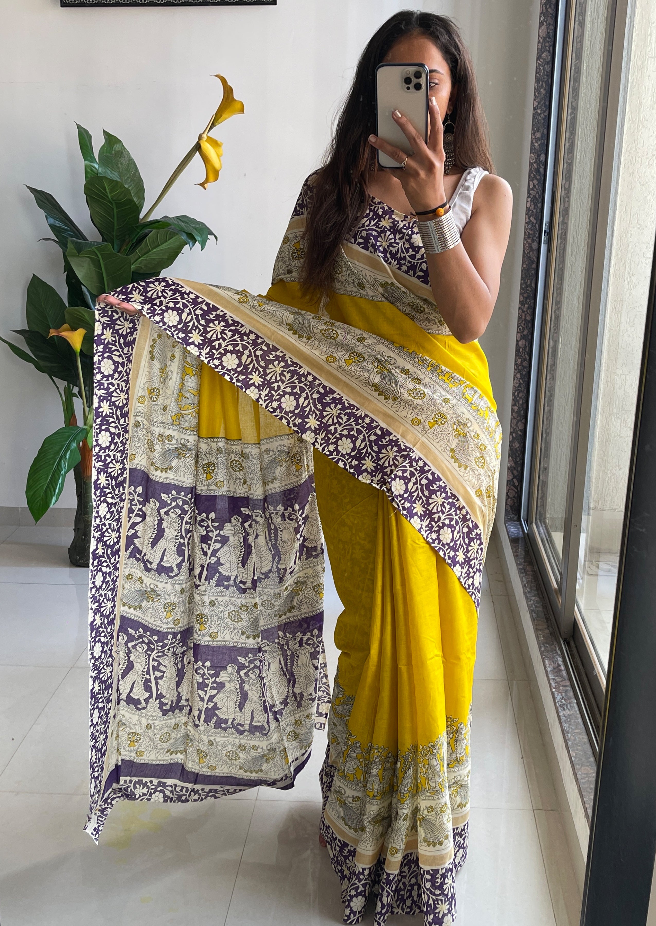 SELFI16 PURE MUL COTTON TRADITIONAL KALMKARI HAND BLOCK PRINT YELLOW SAREE