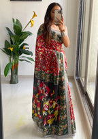 SELFI 17 PURE MULMUL COTTON TRADITIONAL KALMKARI HANDBLOCK PRINT RED SAREE