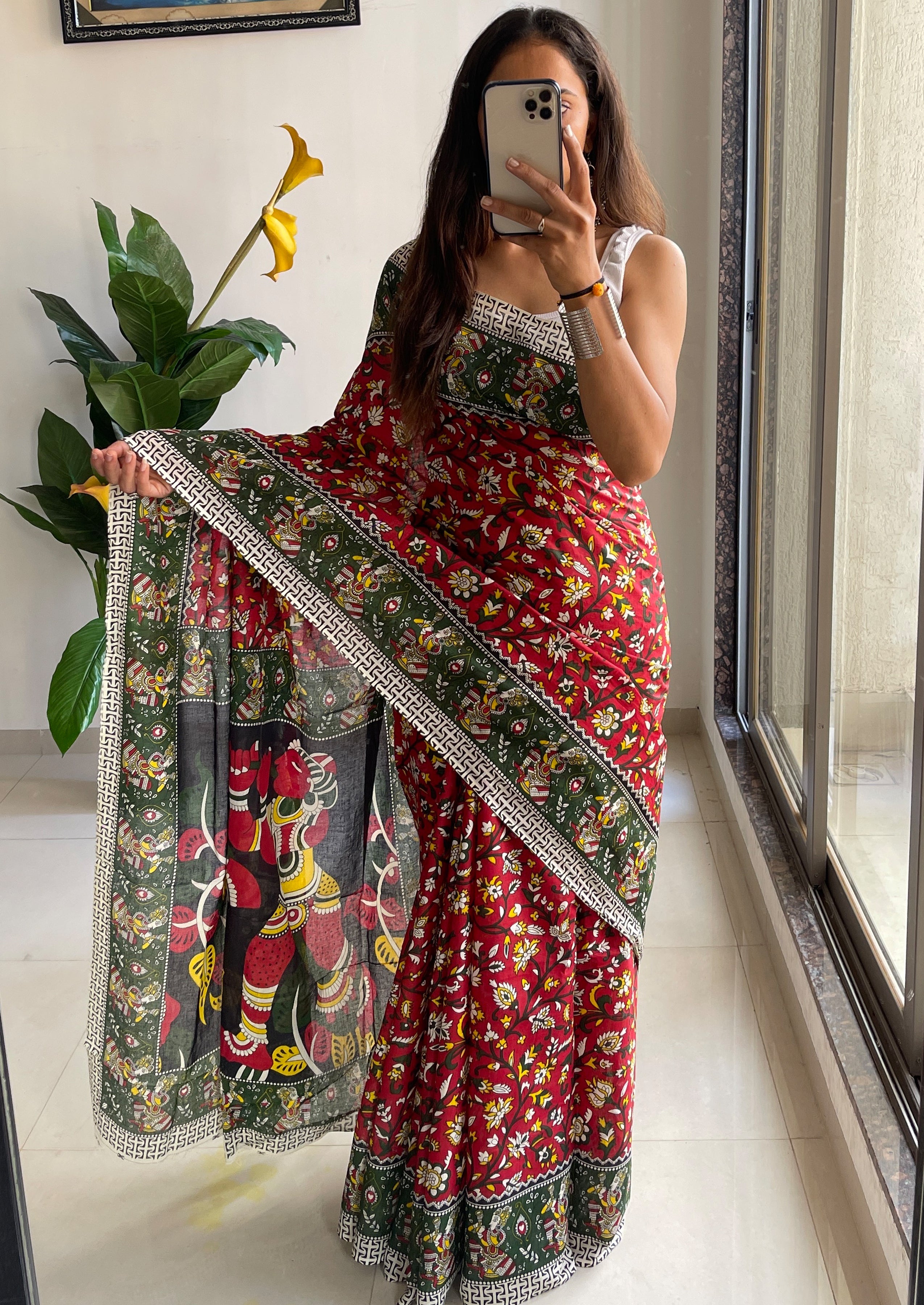 SELFI 17 PURE MULMUL COTTON TRADITIONAL KALMKARI HANDBLOCK PRINT RED SAREE