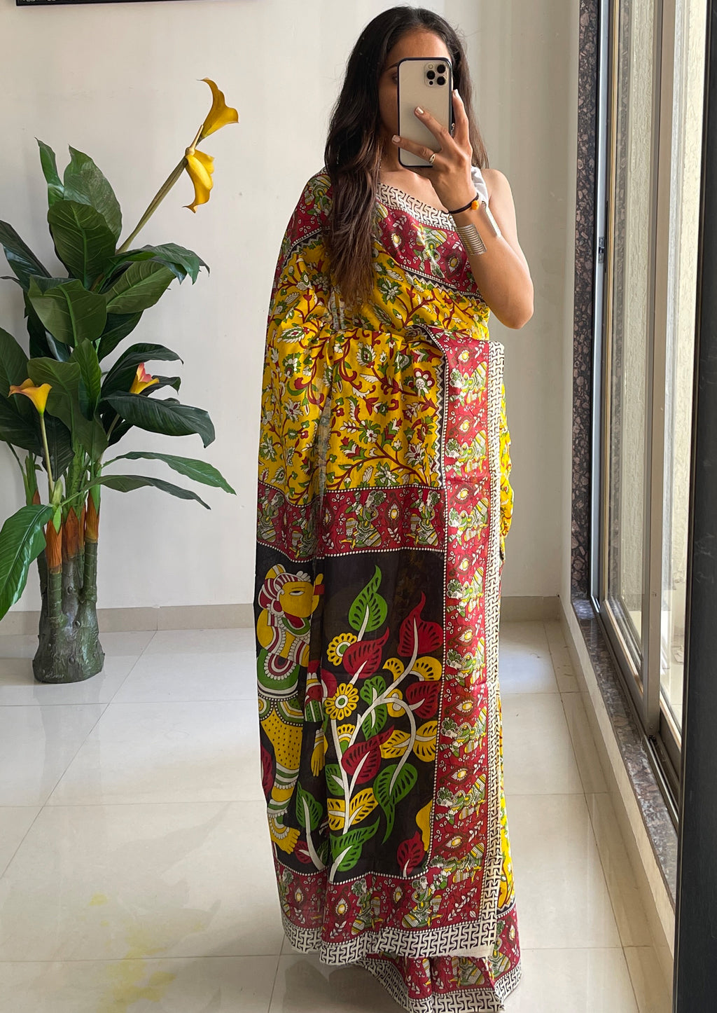 SELFI 17 PURE MULMUL COTTON TRADITIONAL KALMKARI HANDBLOCK PRINT YELLOW SAREE