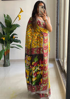 SELFI 17 PURE MULMUL COTTON TRADITIONAL KALMKARI HANDBLOCK PRINT YELLOW SAREE