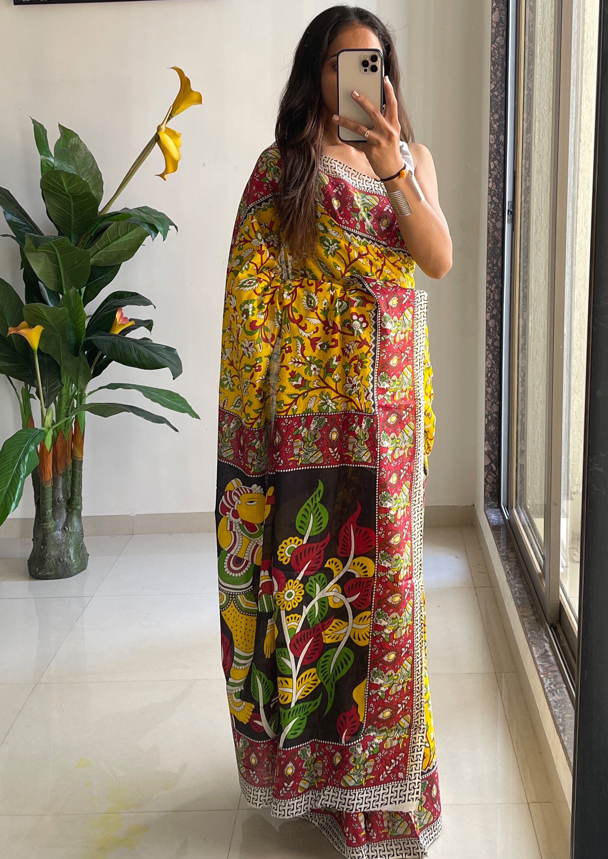 SELFI 17 PURE MULMUL COTTON TRADITIONAL KALMKARI HANDBLOCK PRINT YELLOW SAREE