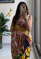 SELFI 17 PURE MULMUL COTTON TRADITIONAL KALMKARI HANDBLOCK PRINT YELLOW SAREE