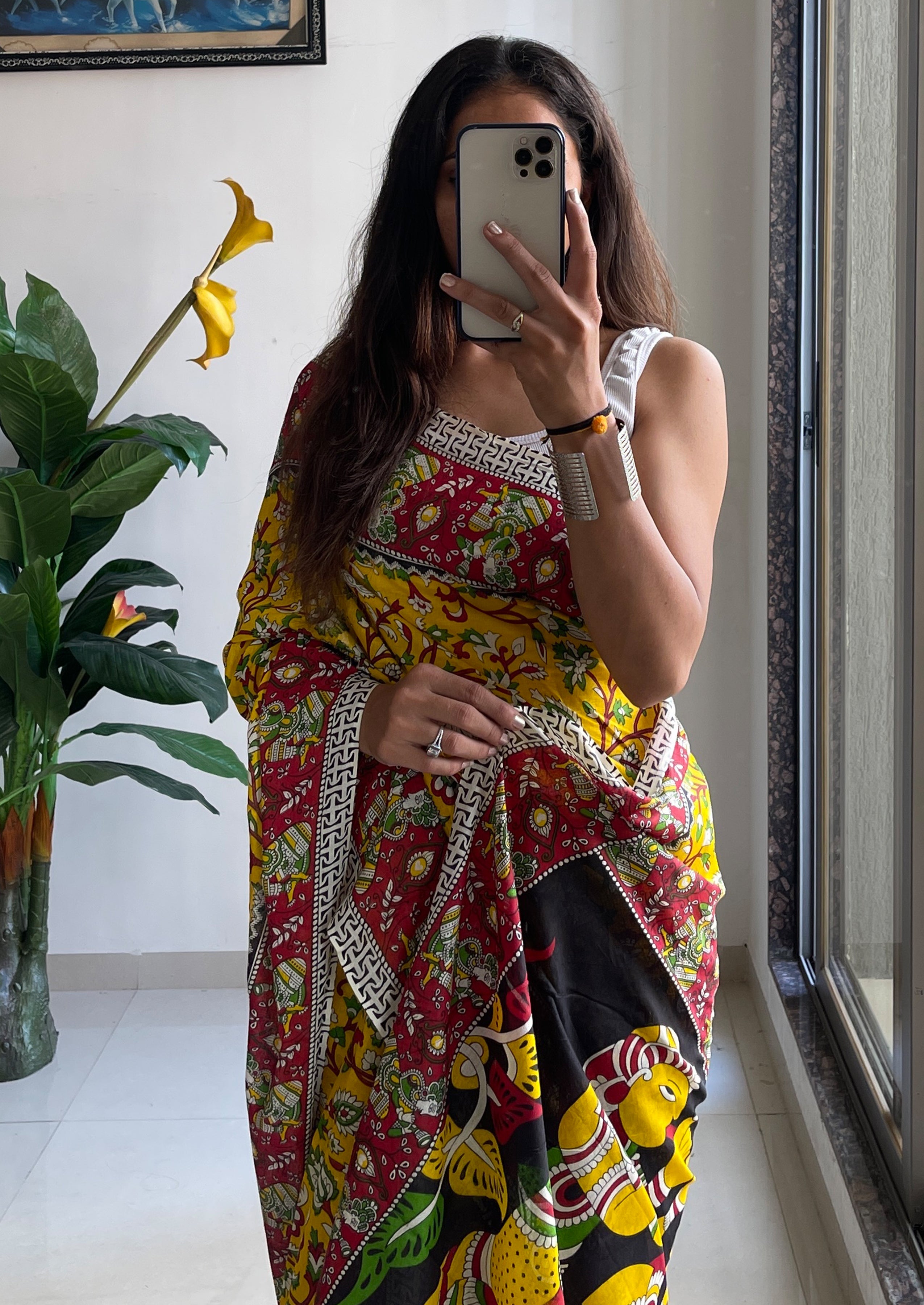 SELFI 17 PURE MULMUL COTTON TRADITIONAL KALMKARI HANDBLOCK PRINT YELLOW SAREE