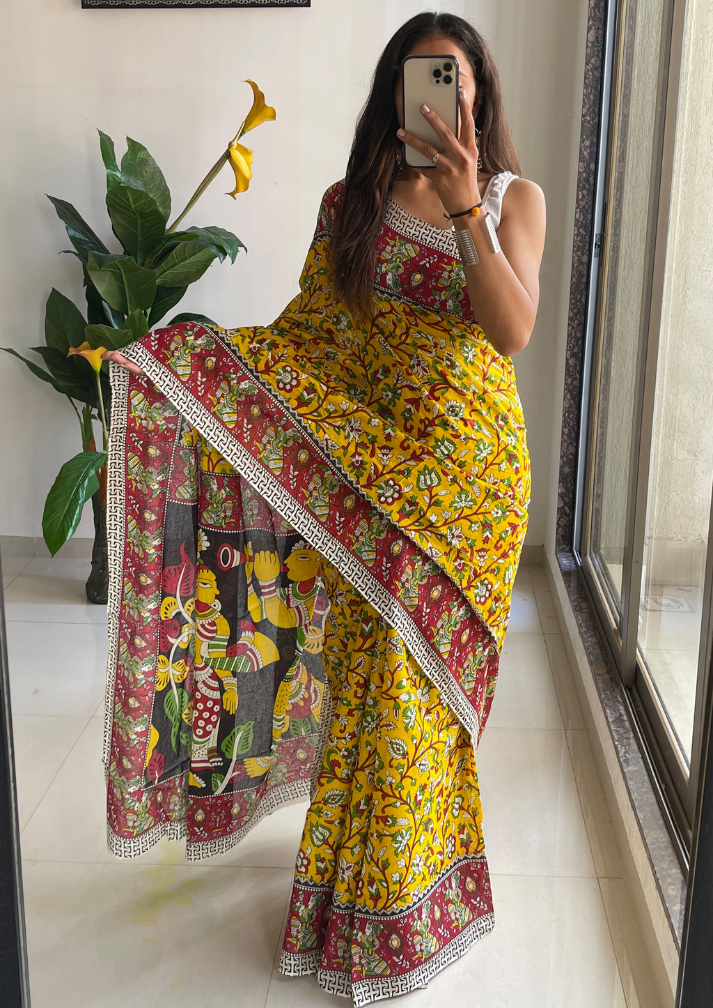 SELFI 17 PURE MULMUL COTTON TRADITIONAL KALMKARI HANDBLOCK PRINT YELLOW SAREE