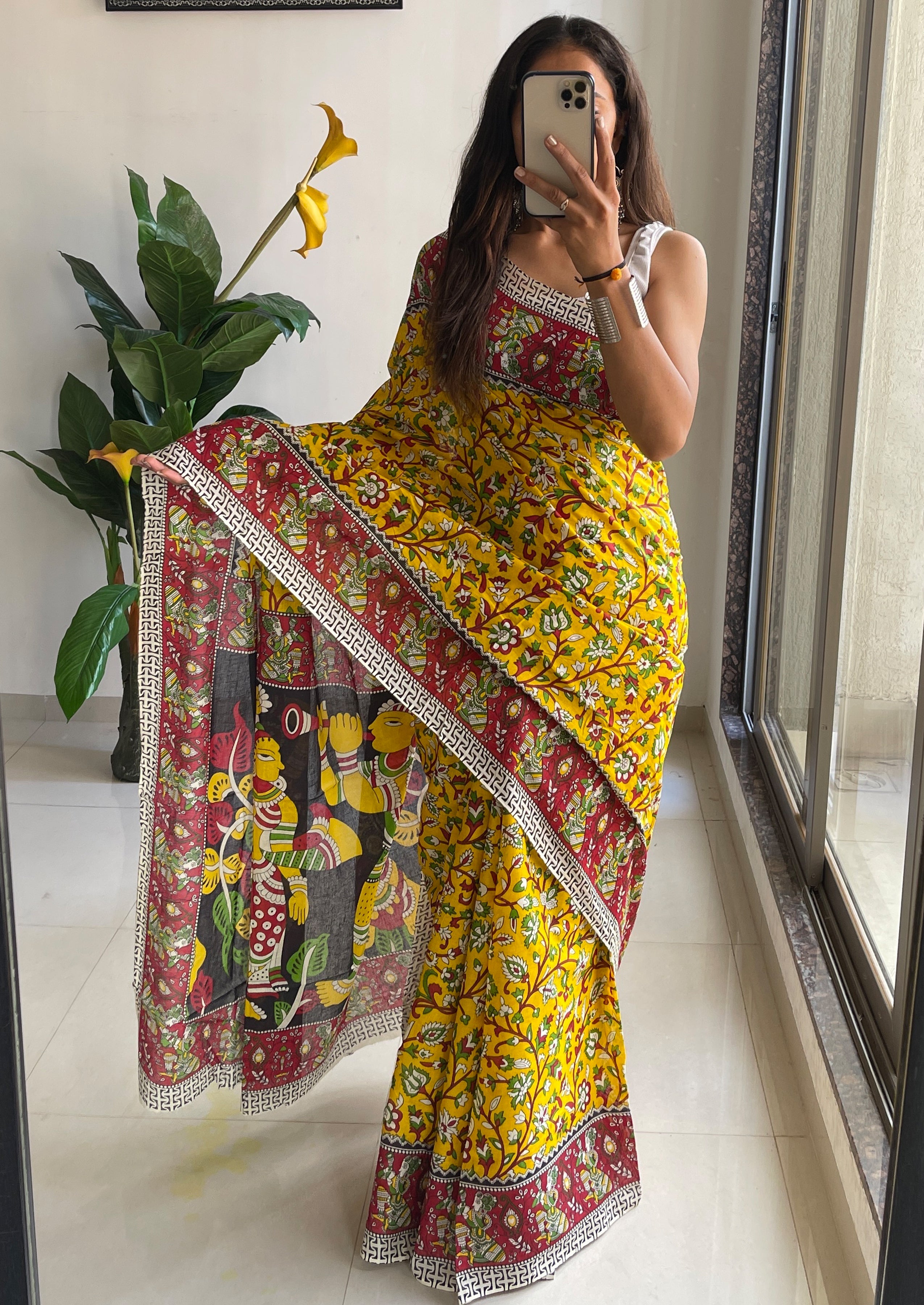 SELFI 17 PURE MULMUL COTTON TRADITIONAL KALMKARI HANDBLOCK PRINT YELLOW SAREE