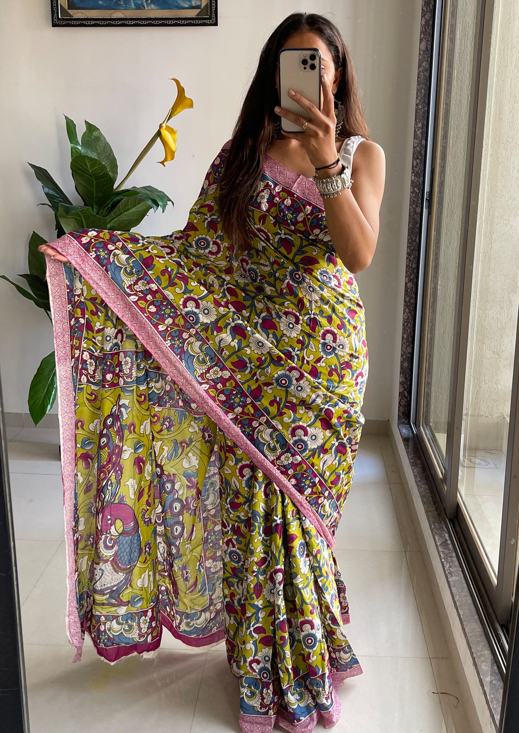 SELFI18 PURE MUL COTTON TRADITIONAL KALMKARI HANDBLOCK PRINT GREEN SAREE
