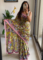 SELFI18 PURE MUL COTTON TRADITIONAL KALMKARI HANDBLOCK PRINT GREEN SAREE