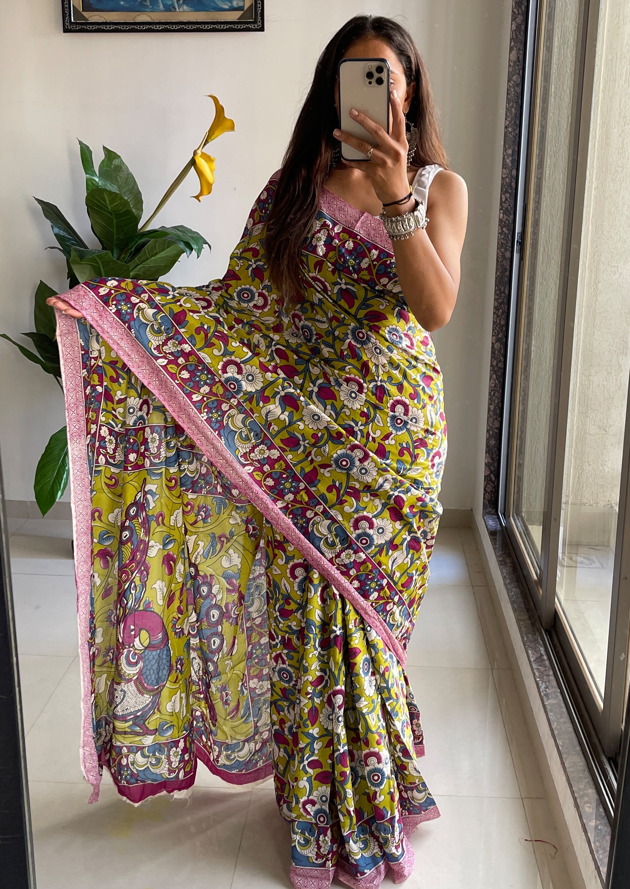 SELFI18 PURE MUL COTTON TRADITIONAL KALMKARI HANDBLOCK PRINT GREEN SAREE