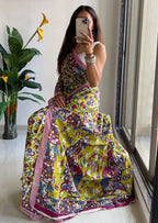 SELFI18 PURE MUL COTTON TRADITIONAL KALMKARI HANDBLOCK PRINT GREEN SAREE