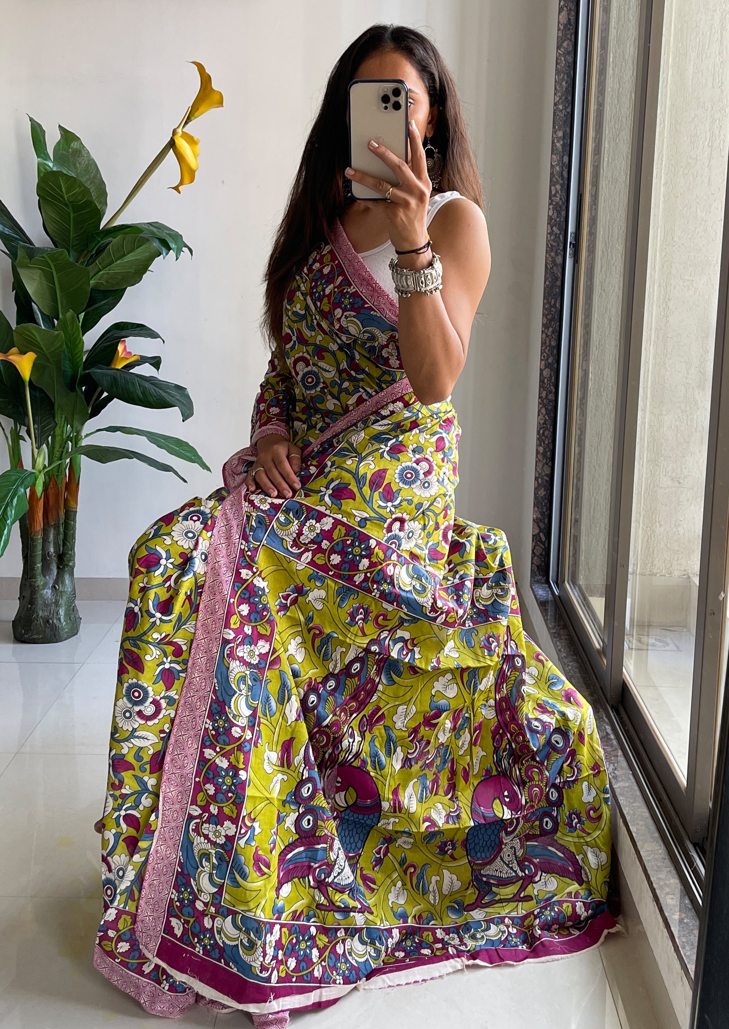 SELFI18 PURE MUL COTTON TRADITIONAL KALMKARI HANDBLOCK PRINT GREEN SAREE
