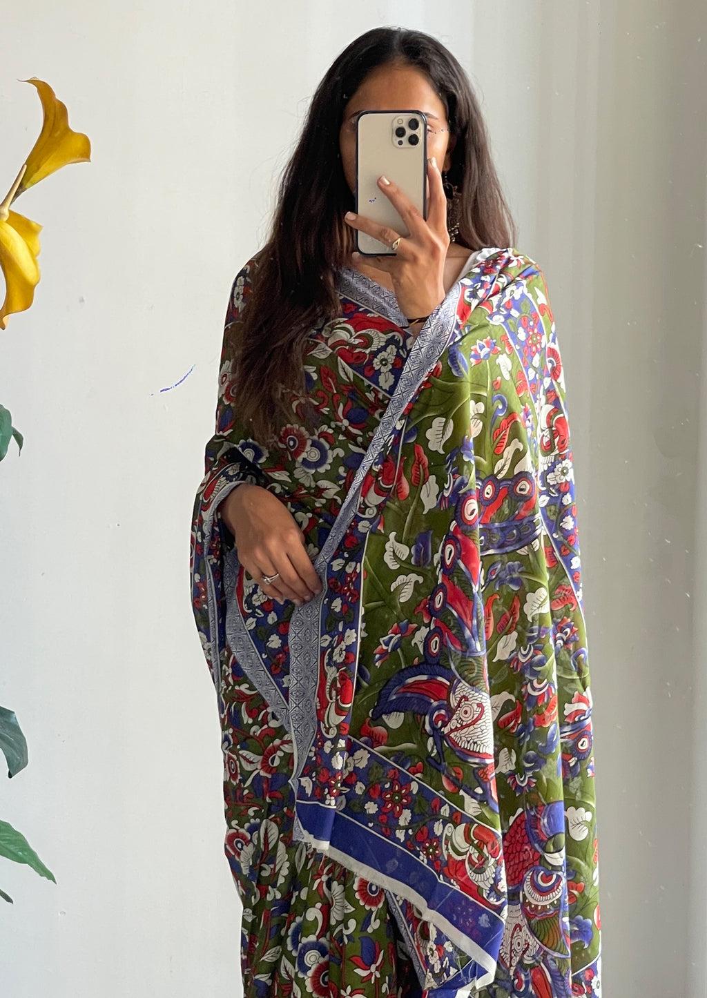 SELFI18 PURE MUL COTTON TRADITIONAL KALMKARI HANDBLOCK PRINT OLIVE GREEN SAREE