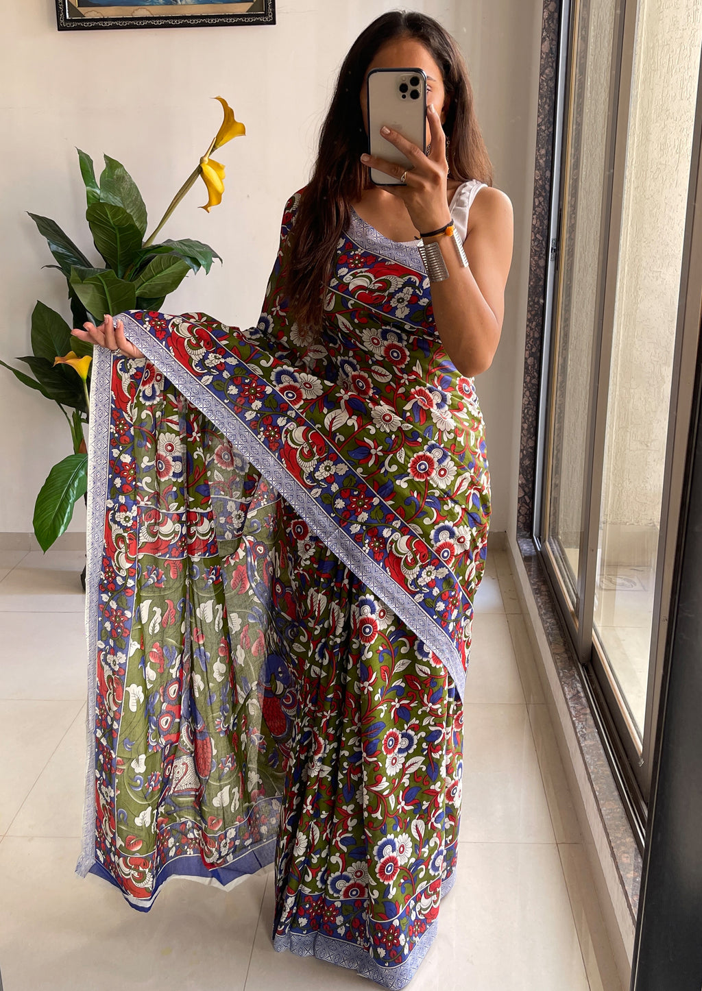 SELFI18 PURE MUL COTTON TRADITIONAL KALMKARI HANDBLOCK PRINT OLIVE GREEN SAREE
