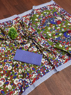 SELFI18 PURE MUL COTTON TRADITIONAL KALMKARI HANDBLOCK PRINT OLIVE GREEN SAREE