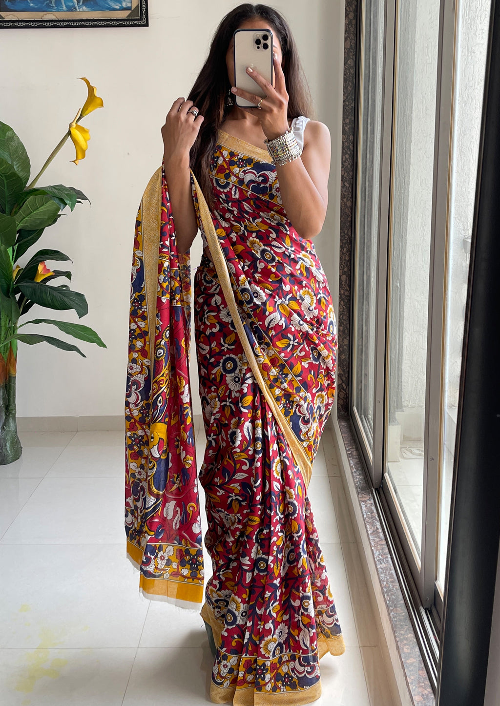 SELFI18 PURE MUL COTTON TRADITIONAL KALMKARI HANDBLOCK PRINT RED SAREE