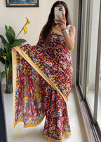 SELFI18 PURE MUL COTTON TRADITIONAL KALMKARI HANDBLOCK PRINT RED SAREE