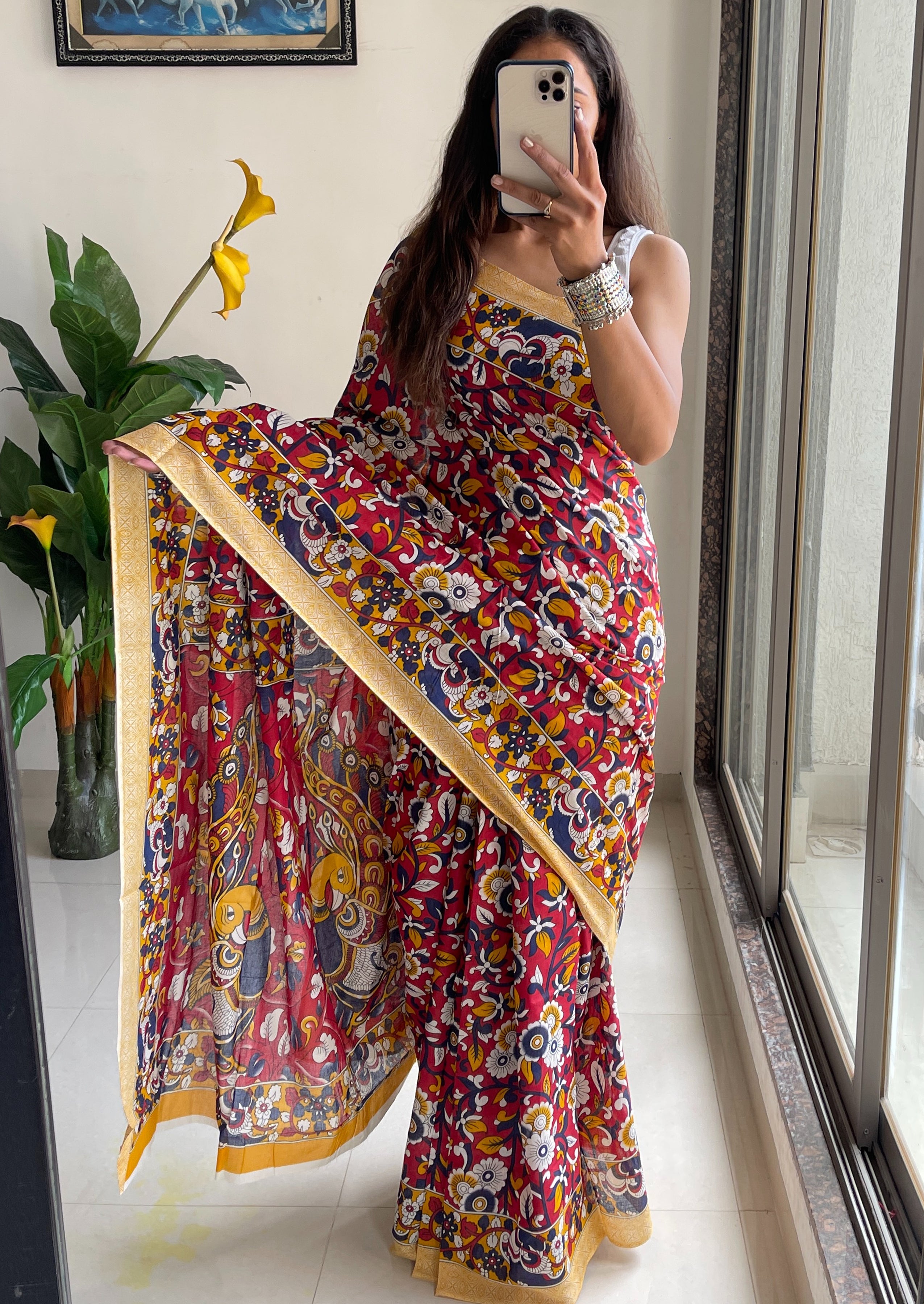 SELFI18 PURE MUL COTTON TRADITIONAL KALMKARI HANDBLOCK PRINT RED SAREE