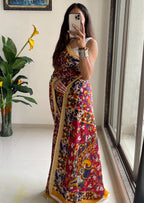 SELFI18 PURE MUL COTTON TRADITIONAL KALMKARI HANDBLOCK PRINT RED SAREE