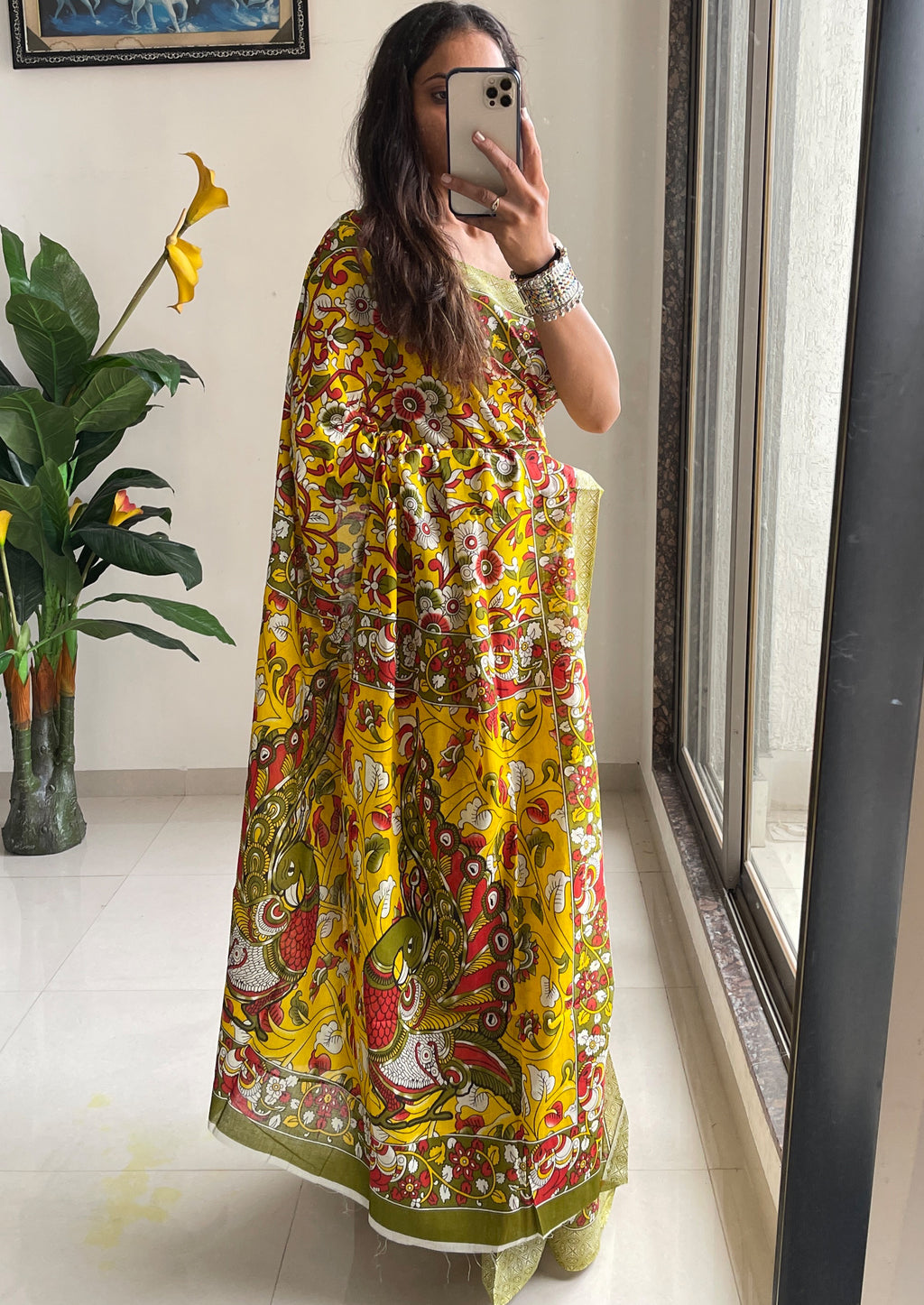 SELFI18 PURE MUL COTTON TRADITIONAL KALMKARI HANDBLOCK PRINT YELLOW SAREE