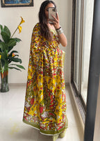 SELFI18 PURE MUL COTTON TRADITIONAL KALMKARI HANDBLOCK PRINT YELLOW SAREE