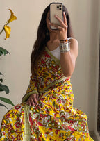 SELFI18 PURE MUL COTTON TRADITIONAL KALMKARI HANDBLOCK PRINT YELLOW SAREE