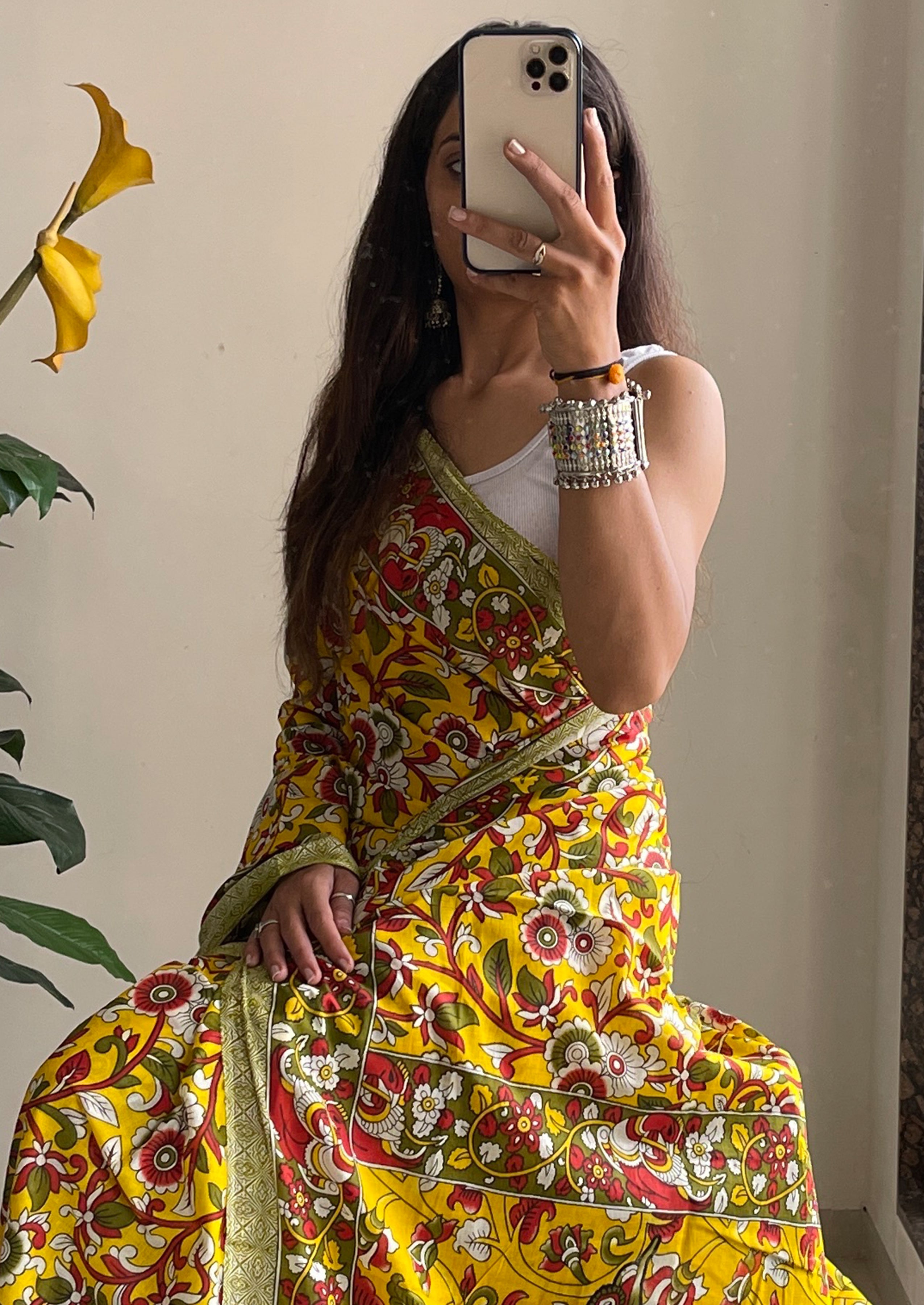 SELFI18 PURE MUL COTTON TRADITIONAL KALMKARI HANDBLOCK PRINT YELLOW SAREE