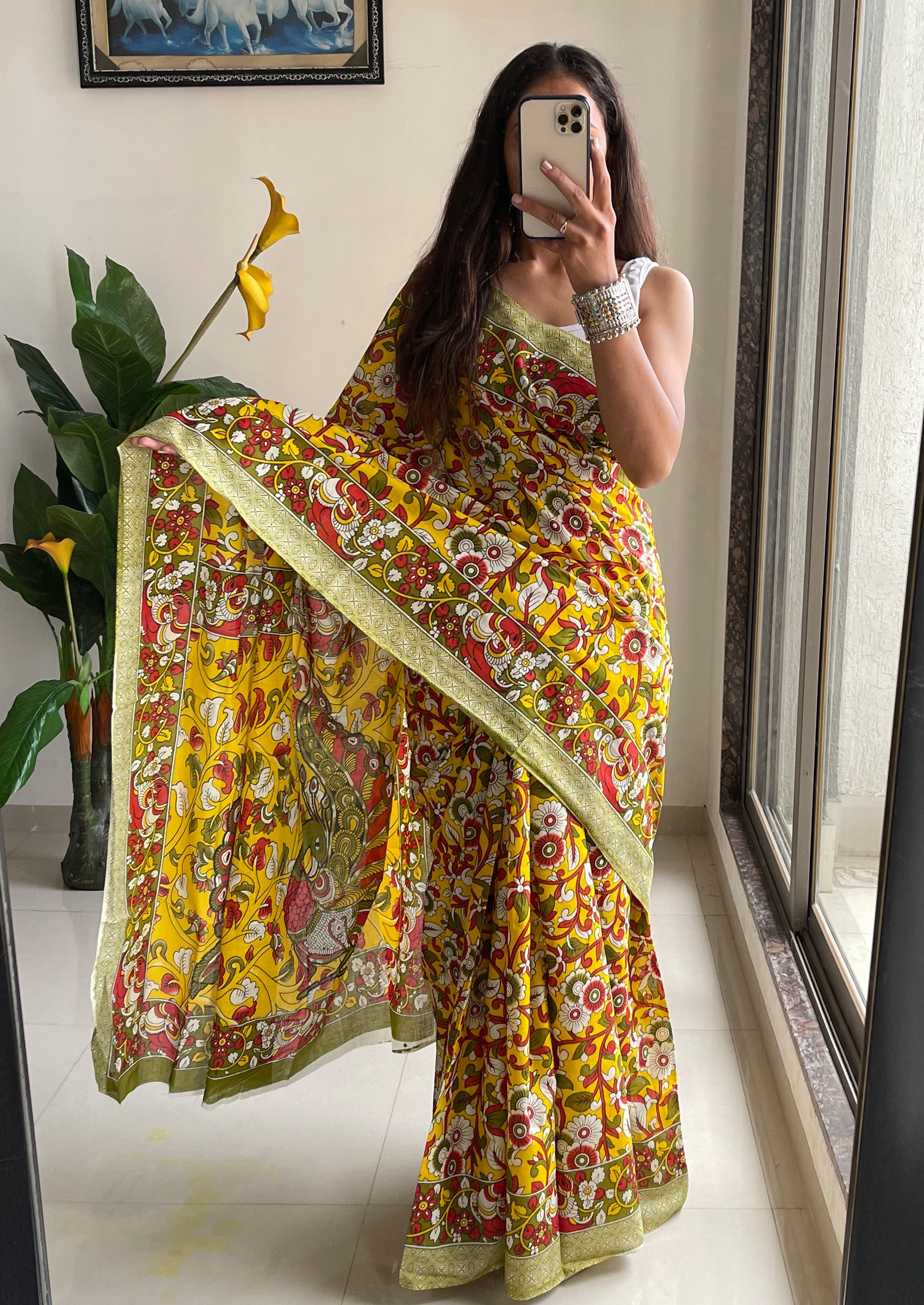 SELFI18 PURE MUL COTTON TRADITIONAL KALMKARI HANDBLOCK PRINT YELLOW SAREE
