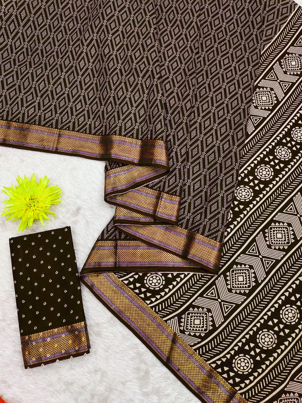 SELFI PRIMUM MULMUL COTTON WITH HEVY ZARI BORDAR BAGRU BANDHANI PRINTED DARK BROWN SAREE