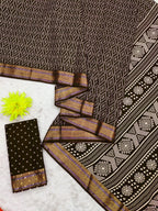 SELFI PRIMUM MULMUL COTTON WITH HEVY ZARI BORDAR BAGRU BANDHANI PRINTED DARK BROWN SAREE