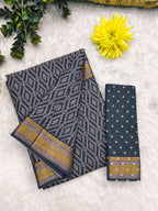 SELFI PRIMUM MULMUL COTTON WITH HEVY ZARI BORDAR BAGRU BANDHANI PRINTED GREY SAREE