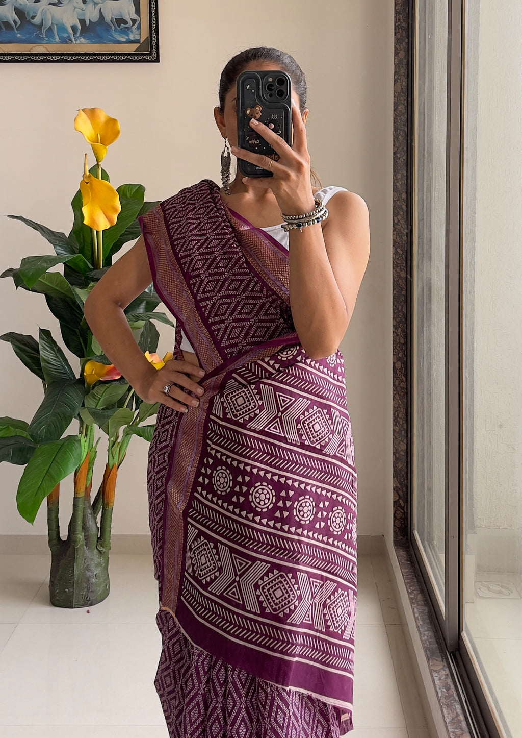 SELFI PRIMUM MULMUL COTTON WITH HEVY ZARI BORDAR BAGRU BANDHANI PRINTED PURPLE SAREE