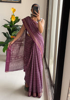 SELFI PRIMUM MULMUL COTTON WITH HEVY ZARI BORDAR BAGRU BANDHANI PRINTED PURPLE SAREE