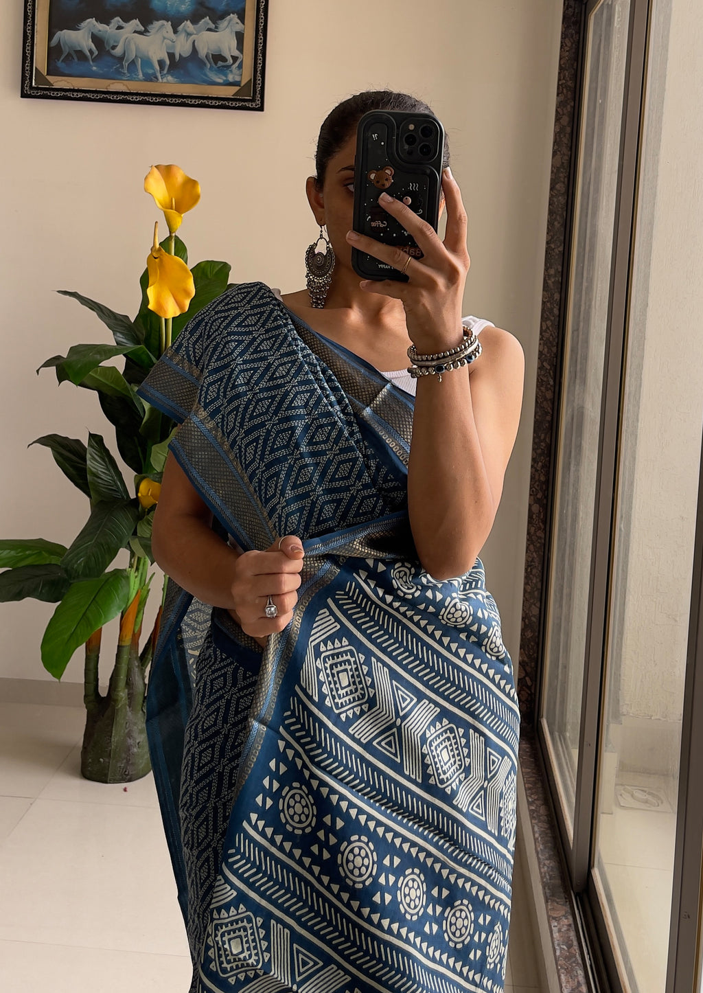 SELFI PRIMUM MULMUL COTTON WITH HEVY ZARI BORDAR BAGRU BANDHANI PRINTED TEAI BLUE SAREE