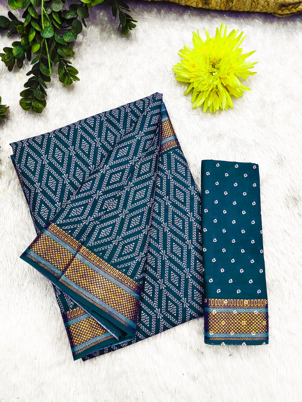 SELFI PRIMUM MULMUL COTTON WITH HEVY ZARI BORDAR BAGRU BANDHANI PRINTED TEAI BLUE SAREE