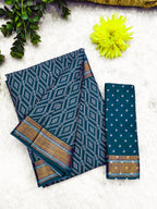 SELFI PRIMUM MULMUL COTTON WITH HEVY ZARI BORDAR BAGRU BANDHANI PRINTED TEAI BLUE SAREE