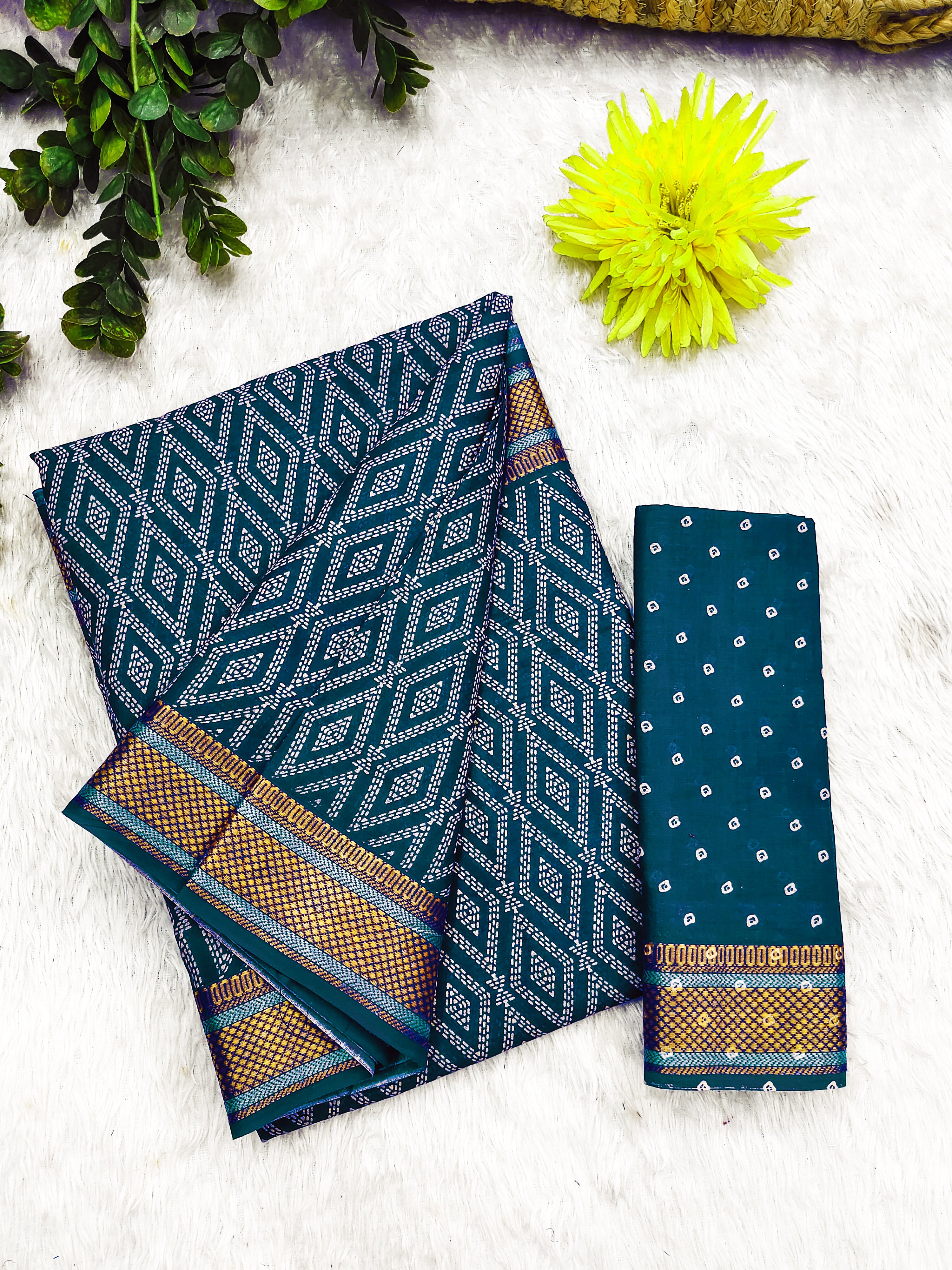 SELFI PRIMUM MULMUL COTTON WITH HEVY ZARI BORDAR BAGRU BANDHANI PRINTED TEAI BLUE SAREE