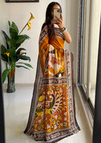 SELFI 20 PURE MUL COTTON TRADITIONAL KALMKARI HANDBLOCK PRINT MUSTARD SAREE