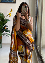 SELFI 20 PURE MUL COTTON TRADITIONAL KALMKARI HANDBLOCK PRINT MUSTARD SAREE