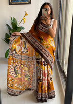 SELFI 20 PURE MUL COTTON TRADITIONAL KALMKARI HANDBLOCK PRINT MUSTARD SAREE
