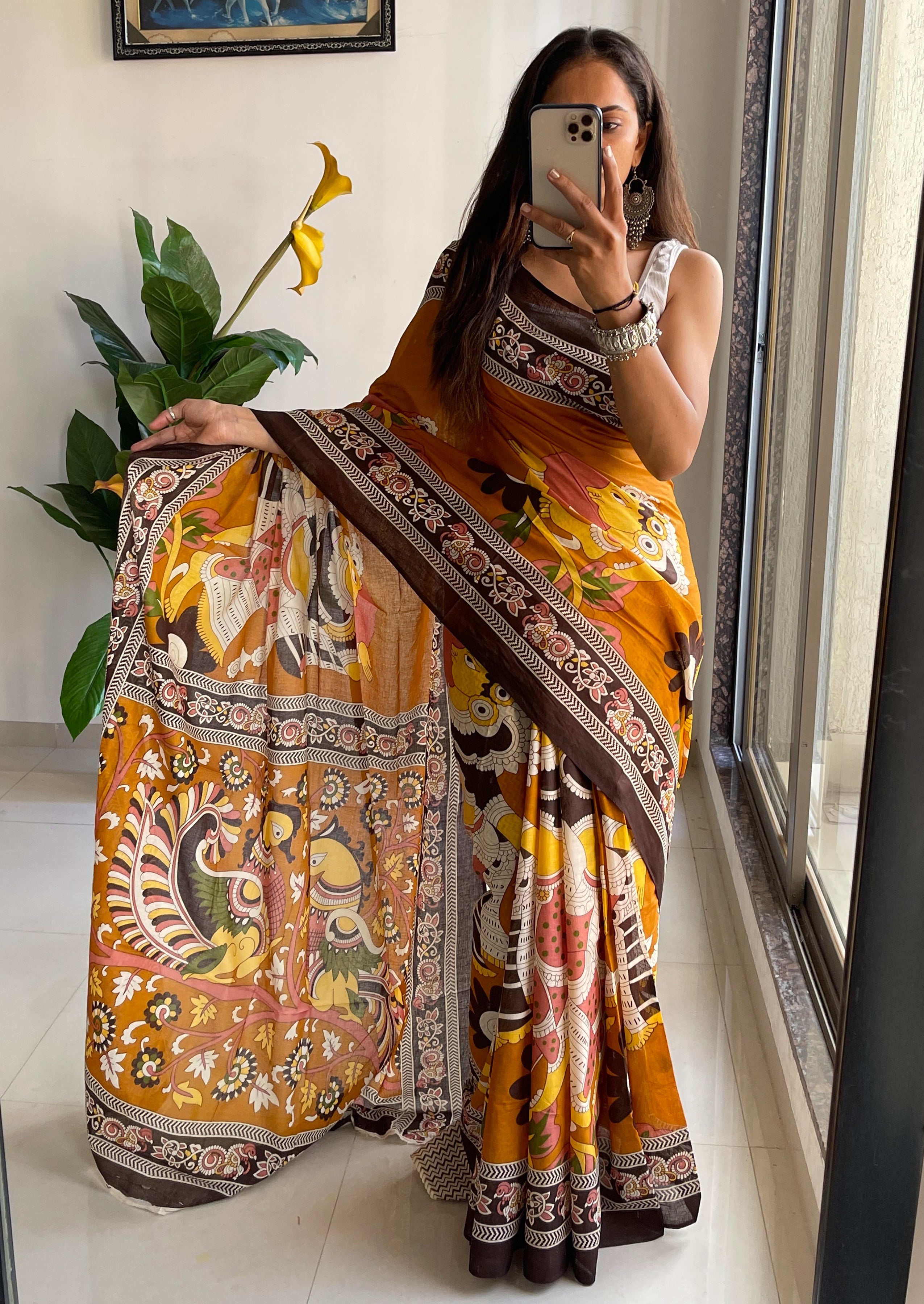SELFI 20 PURE MUL COTTON TRADITIONAL KALMKARI HANDBLOCK PRINT MUSTARD SAREE